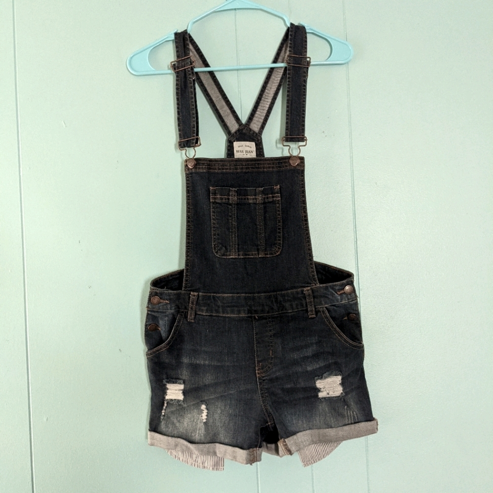 Dark wash denim short overalls